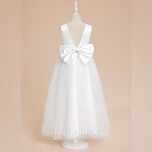 A-line V-Neck Ankle-Length Satin/Tulle Flower Girl Dress #272878